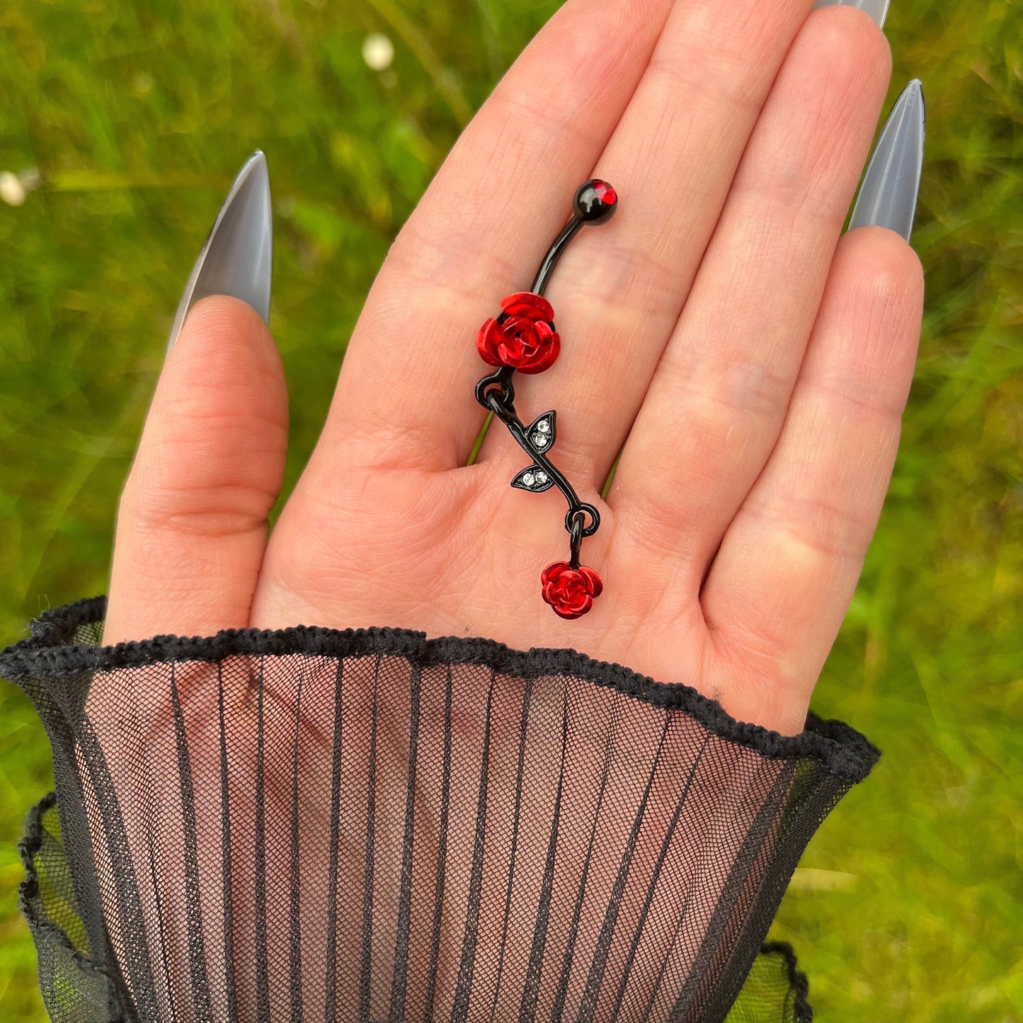 Pendant Belly Button Piercing, Roses Dangle Belly Bar Piercing, Rhinestones Navel Piercing, Stainless Surgical Steel, Navel Rings
