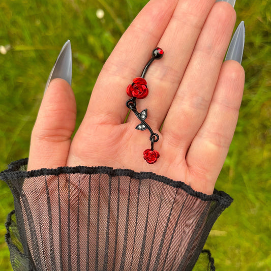 Pendant Belly Button Piercing, Roses Dangle Belly Bar Piercing, Rhinestones Navel Piercing, Stainless Surgical Steel, Navel Rings