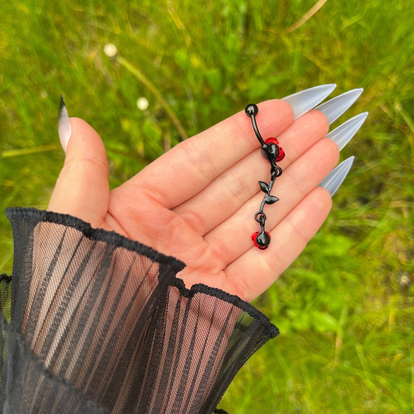 Pendant Belly Button Piercing, Roses Dangle Belly Bar Piercing, Rhinestones Navel Piercing, Stainless Surgical Steel, Navel Rings
