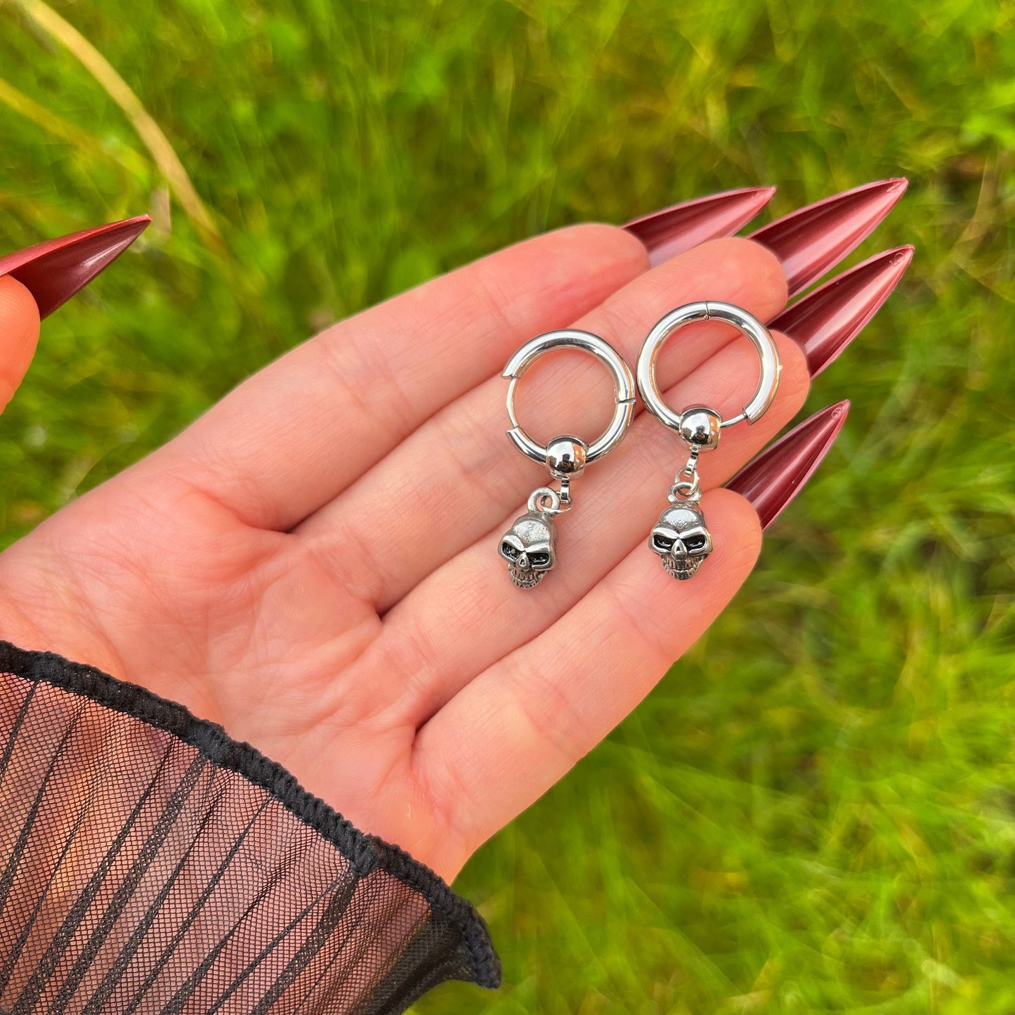 Skull Hoop Earrings, Charm Hoop Earrings, Silver Huggie Hoops, Dangle Earrings, Unisex Gothic/Grunge/Emo Skeleton Dangling Earrings