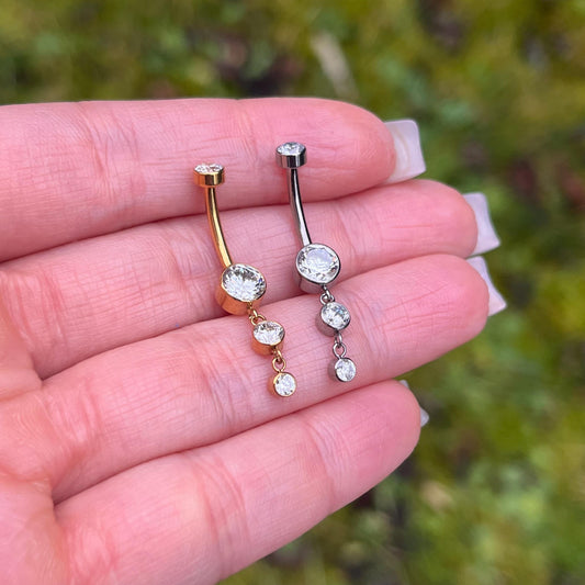 Crystal Gems Dangle Belly Button Ring: Titanium Navel Piercing in Silver/Gold, 10mm/12mm