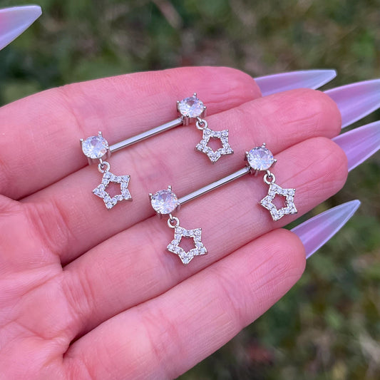 Star Dangle Nipple Barbells: Crystal Gem, Surgical Steel Body Piercing, 14G