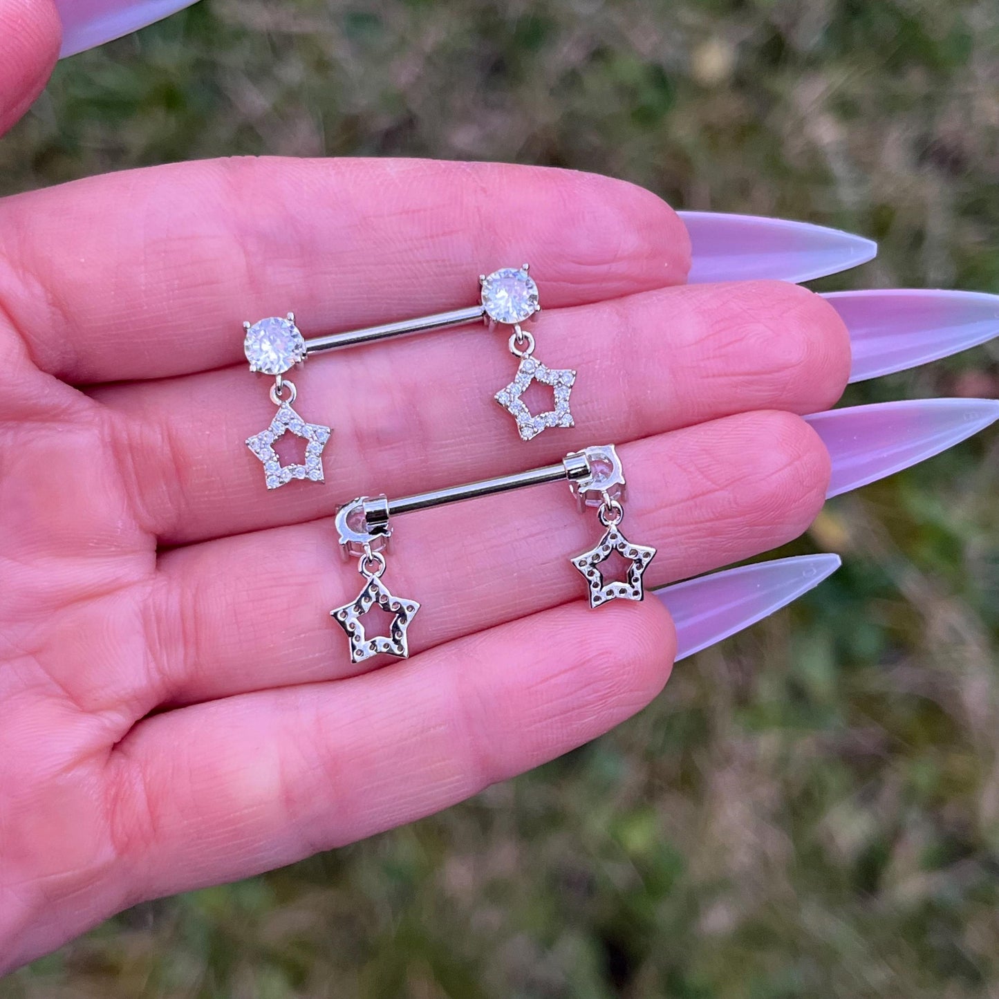 Star Dangle Nipple Barbells: Crystal Gem, Surgical Steel Body Piercing, 14G