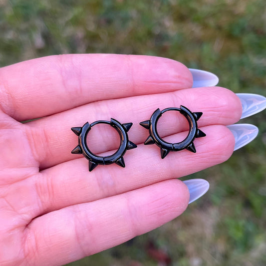 Spiky Stainless Steel Hoop Earrings: Gothic Jewellery, Black/Silver