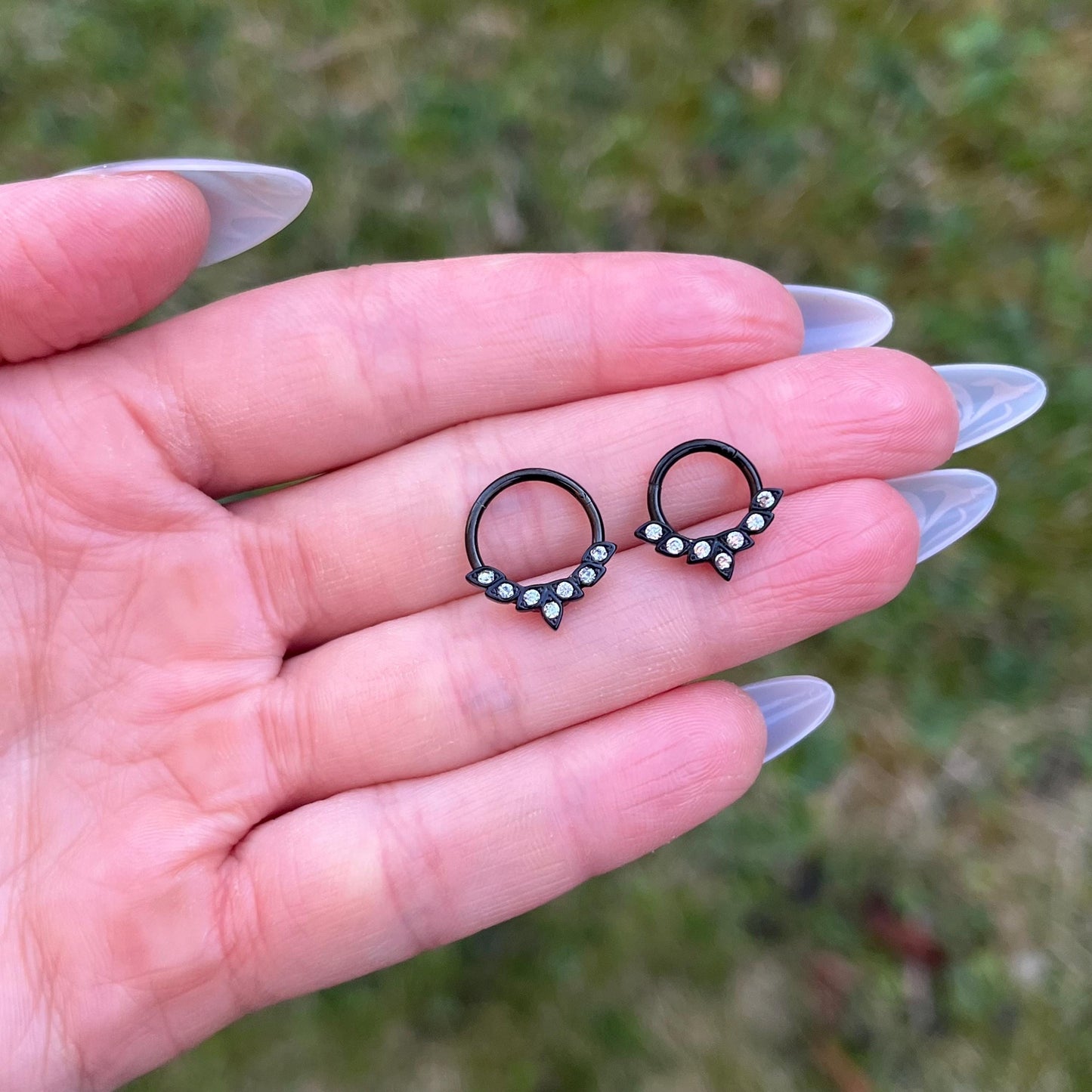 Black Septum Ring: Crystal Hinged 16G Septum Clicker, 8mm/10mm