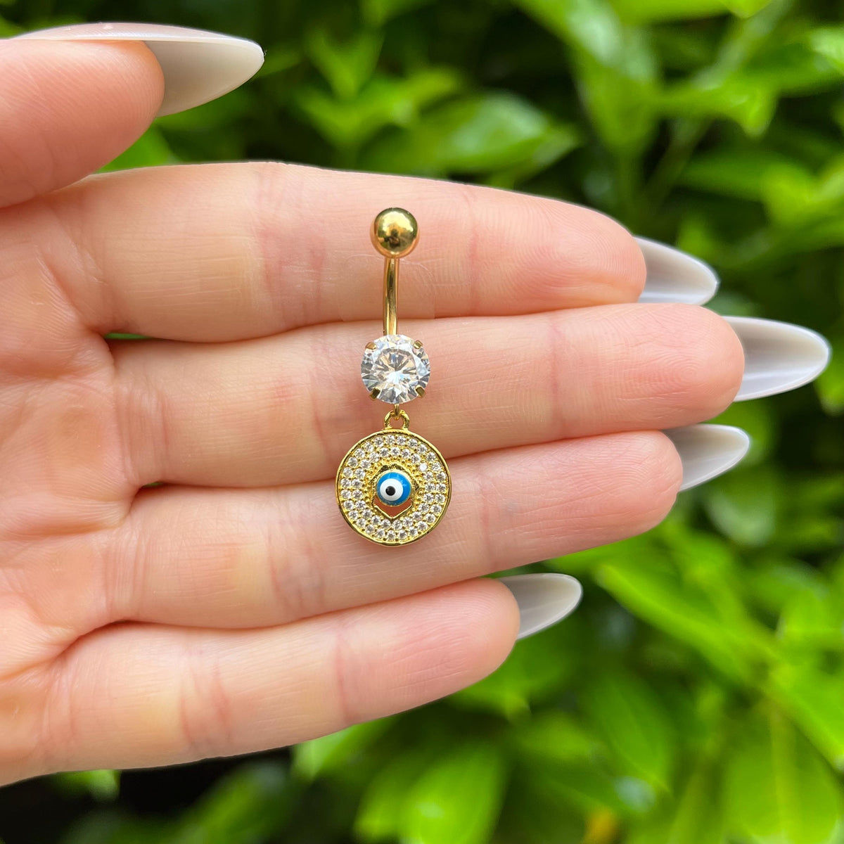 Evil Eye Belly Button Ring with Crystal Dangle: Stainless Steel Navel Piercing