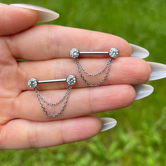 Crystal Gem Titanium Nipple Barbells: Dangling Chain Nipple Piercing, 14G 12/14mm