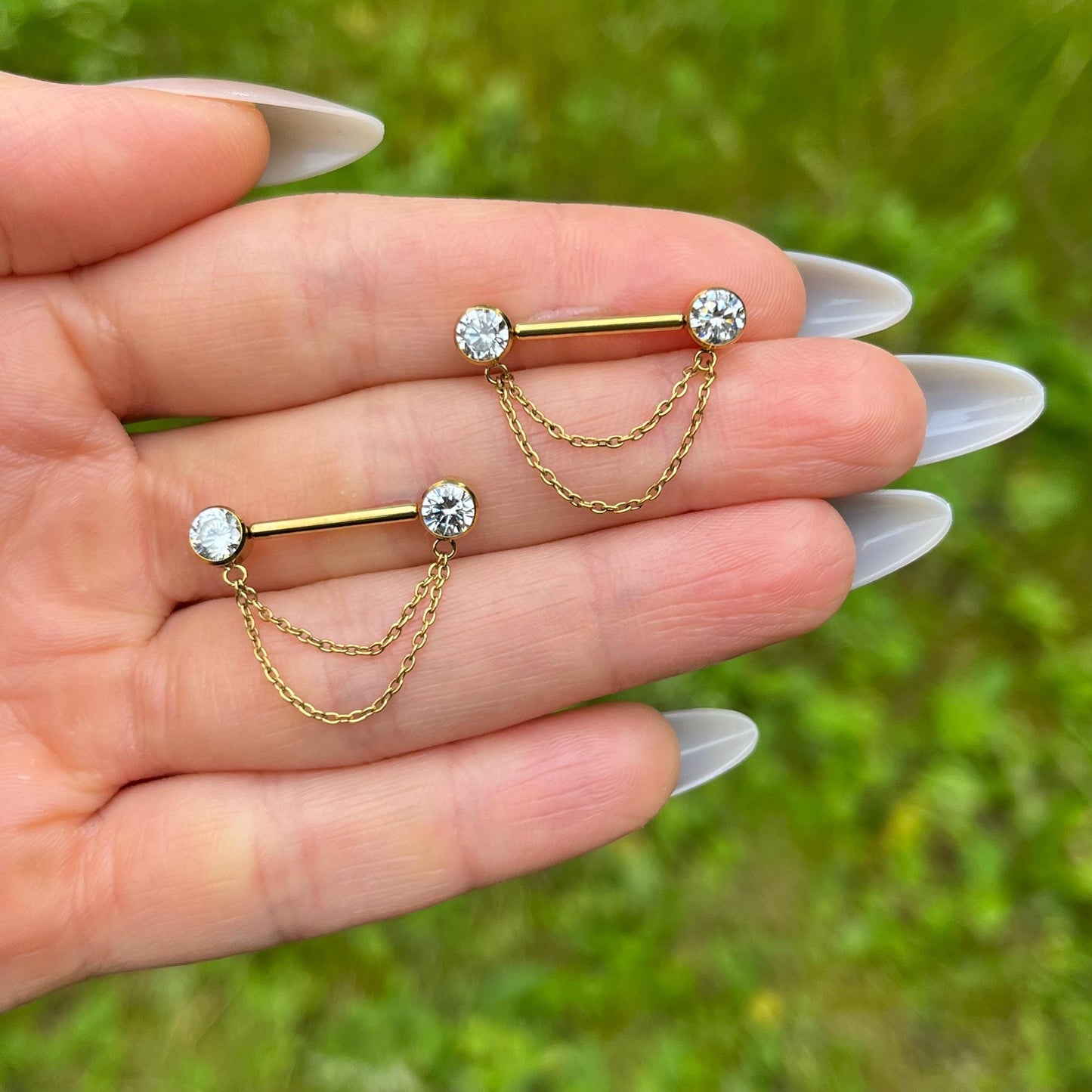Crystal Gem Titanium Nipple Barbells: Dangling Chain Nipple Piercing, 14G 12/14mm