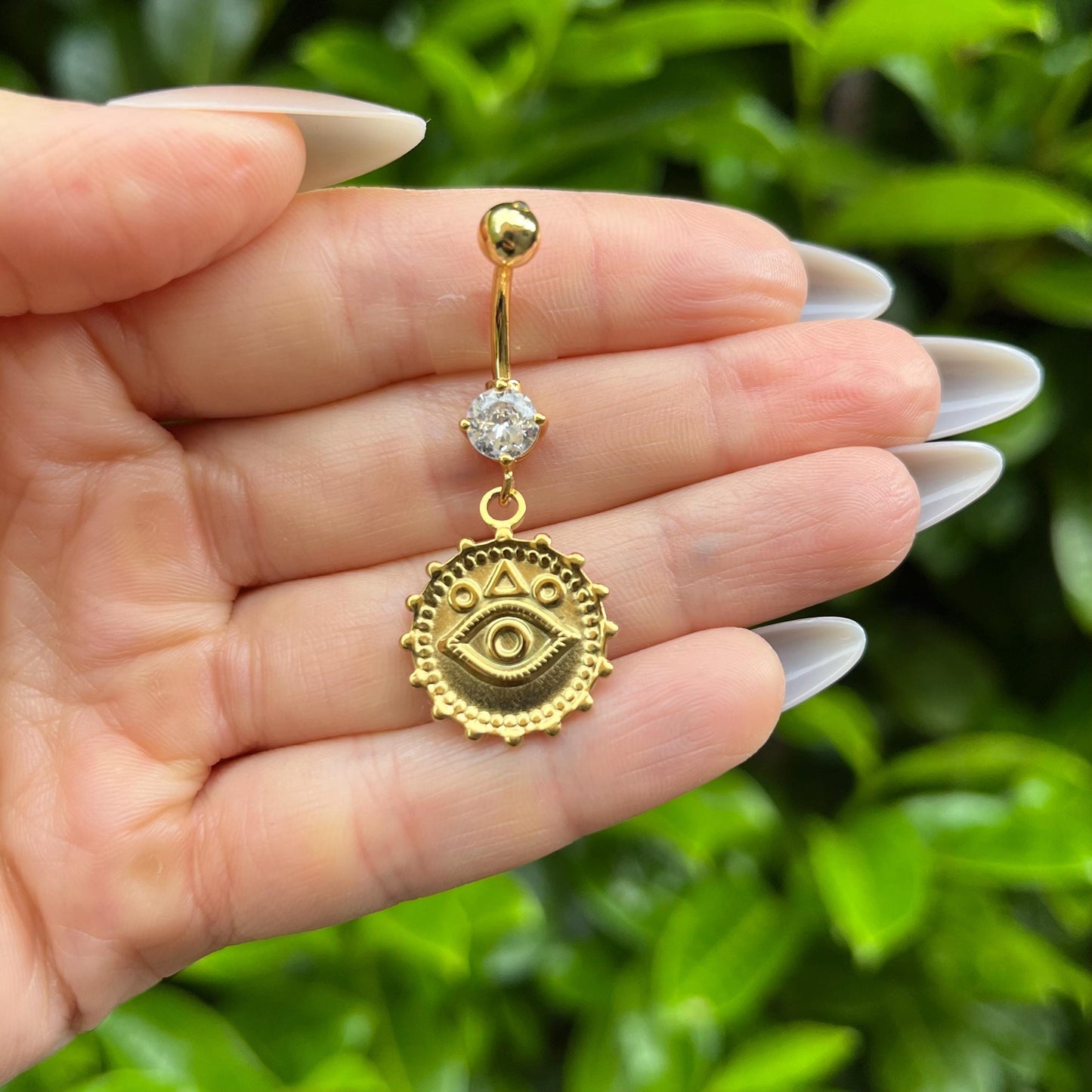 Third Eye Belly Button Ring: Crystal Dangle, Stainless Steel Navel Piercing