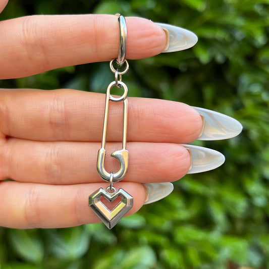 Safety Pin Hoop Earrings: Stainless Steel Heart Charms, Gothic Punk Style