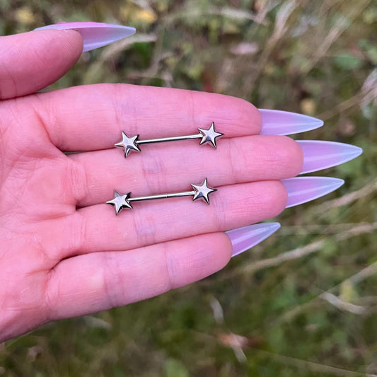 Titanium Star Nipple Barbells: 16G, 16mm Nipple Piercing Jewellery, Silver/Gold
