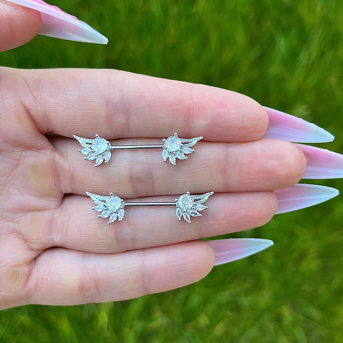 Crystal Wing Nipple Barbells: Stainless Steel Piercing Jewelry Pair 16G