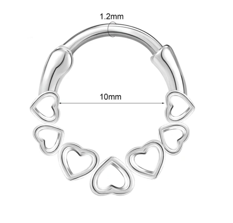 Hearts Septum Piercing, Septum Clicker Nose Ring, Stainless Steel Septum Hoop, Silver Hinged Nose Ring, 16G (1.2mm) 10mm, Kawaii