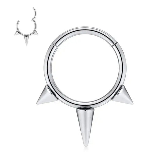 Spiky Septum Piercing, Septum Clicker Nose Ring, Titanium Septum Hoop, Silver Hinged Nose Ring, 16G (1.2mm) 8mm, Spike Gothic Nose Hoop