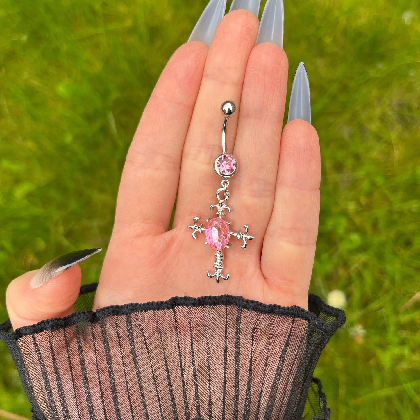 Cross Belly Button Piercing, Pink Rhinestones Navel Piercing, Pendant Dangle Belly Bar Piercing, Stainless Steel, Silver Navel Rings