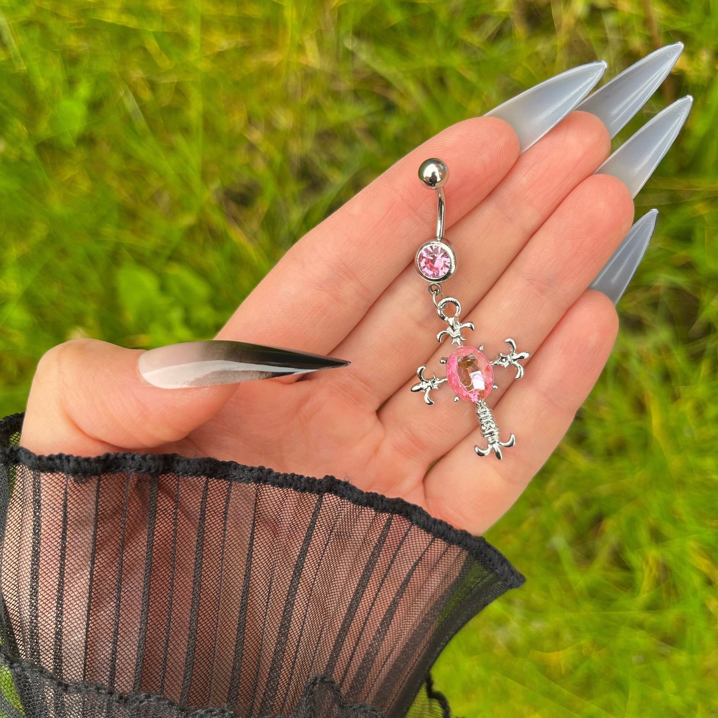 Cross Belly Button Piercing, Pink Rhinestones Navel Piercing, Pendant Dangle Belly Bar Piercing, Stainless Steel, Silver Navel Rings