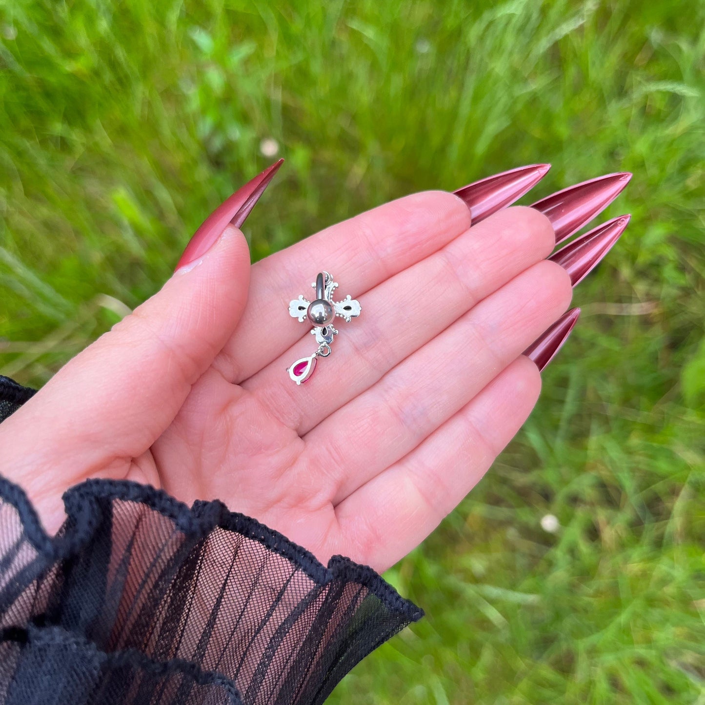 Cross Belly Button Piercing, Gothic Rhinestones Navel Piercing, Pendant Dangle Belly Bar Piercing, Stainless Steel, Black/Silver Navel Rings