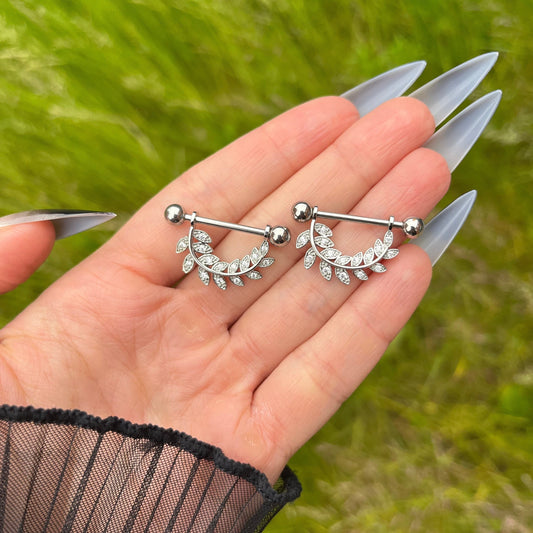Olive Leaf Nipple Barbells: Crystals Stainles Steel Nipple Piercing, 14G