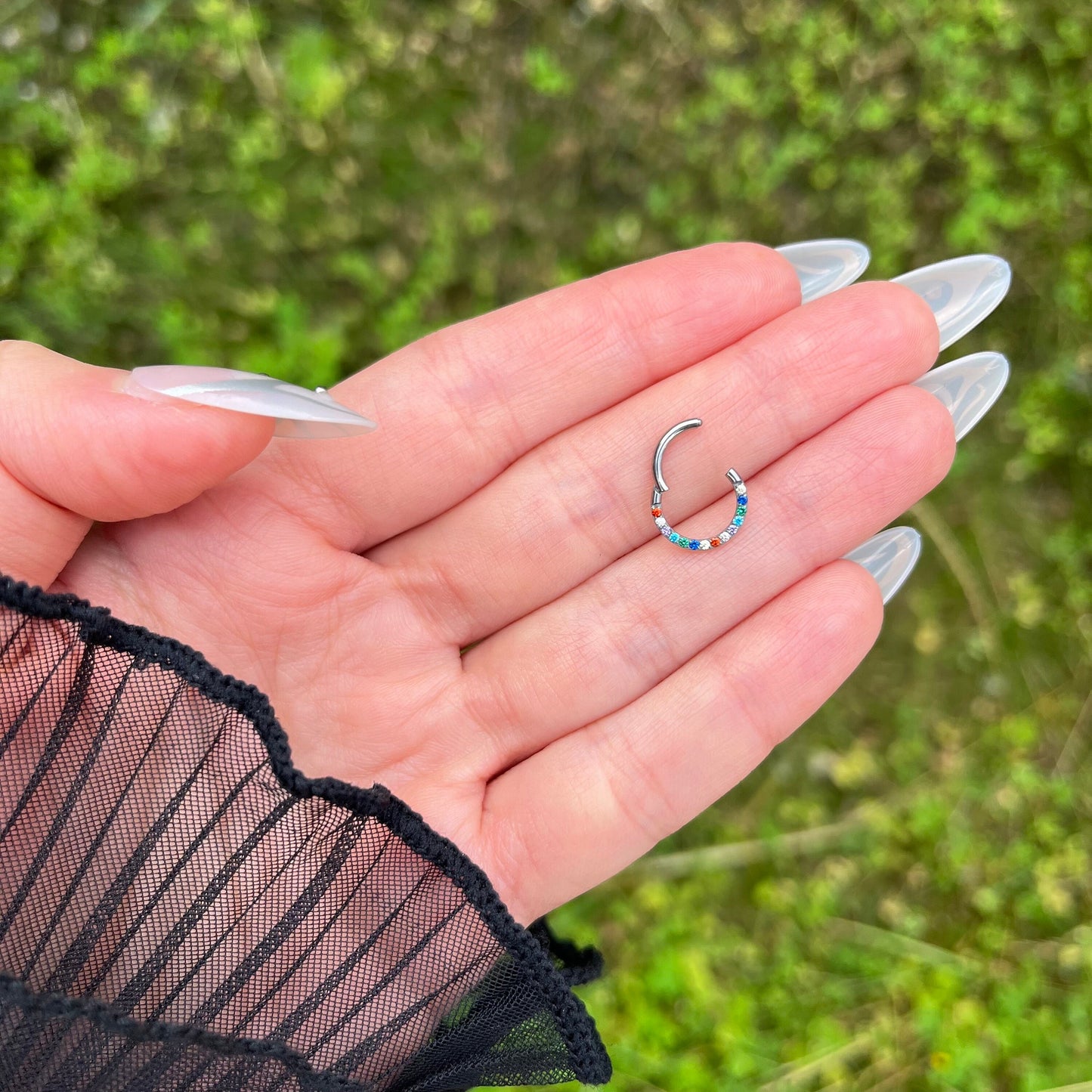 Multi Colour Crystal Septum Ring: Titanium Hinged Clicker, 16G 8mm/10mm