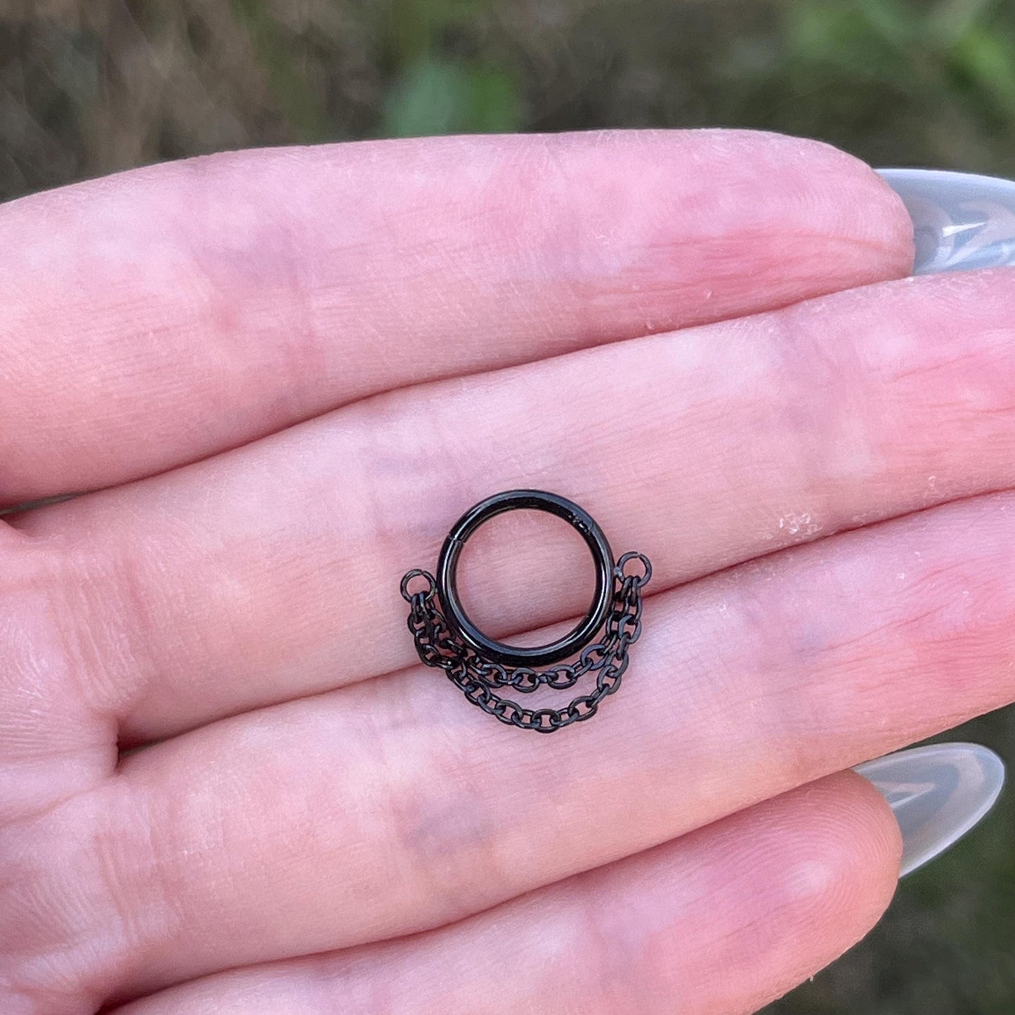Black Septum Clicker Ring with Dangling Chain: 16G Stainless Steel Nose Hoop