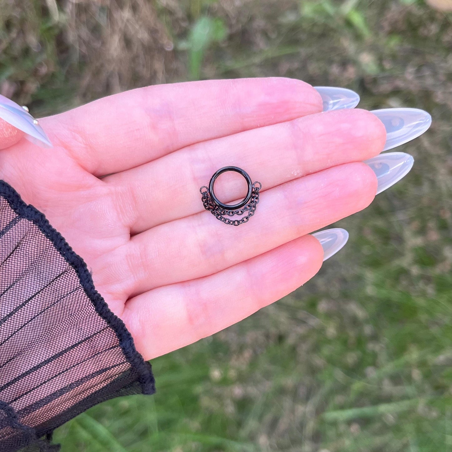 Black Septum Clicker Ring with Dangling Chain: 16G Stainless Steel Nose Hoop