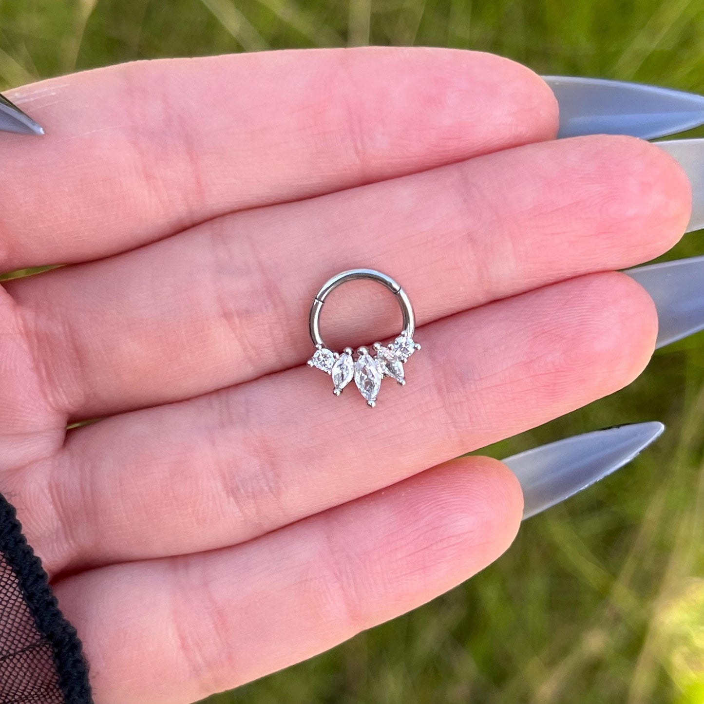Crystal Gem Septum Clicker: Silver Hinged Nose Ring, 16G 8mm/10mm