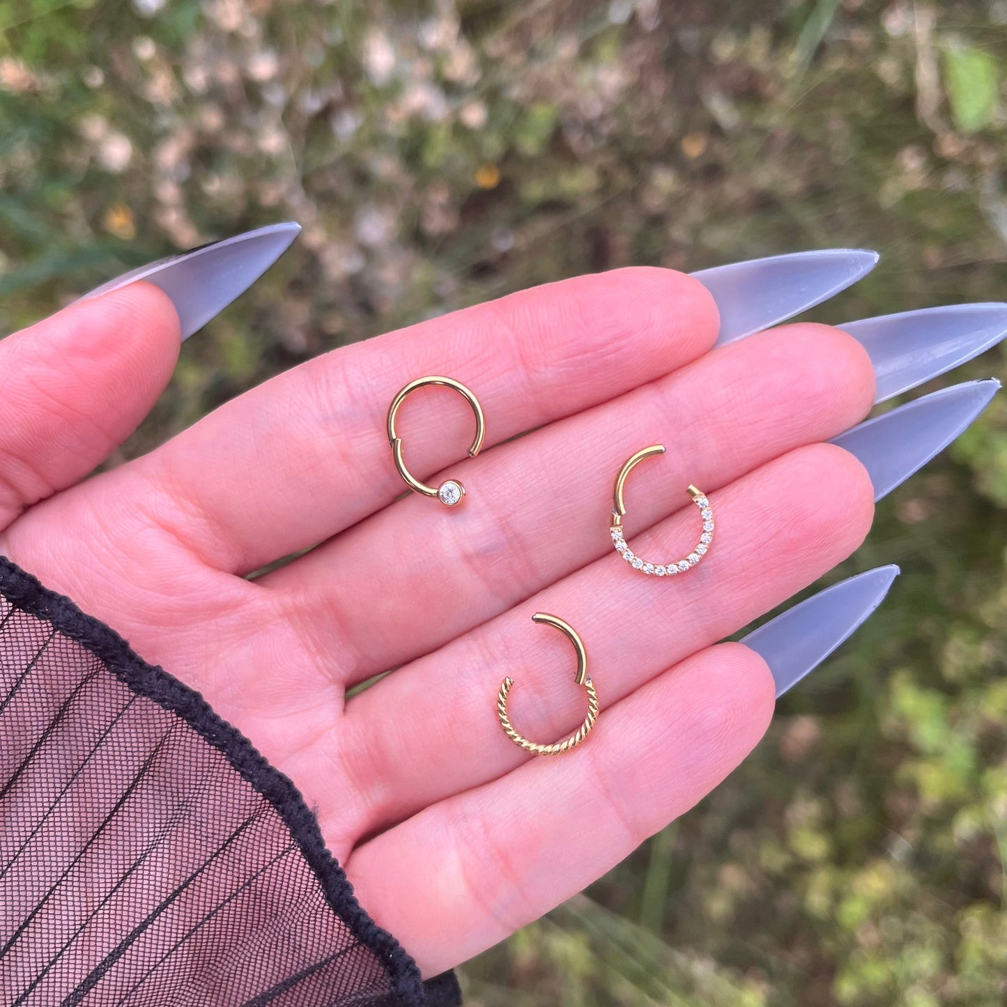Gold Septum Ring: Hinged Crystal Septum Clicker 16G (1.2mm) 8mm