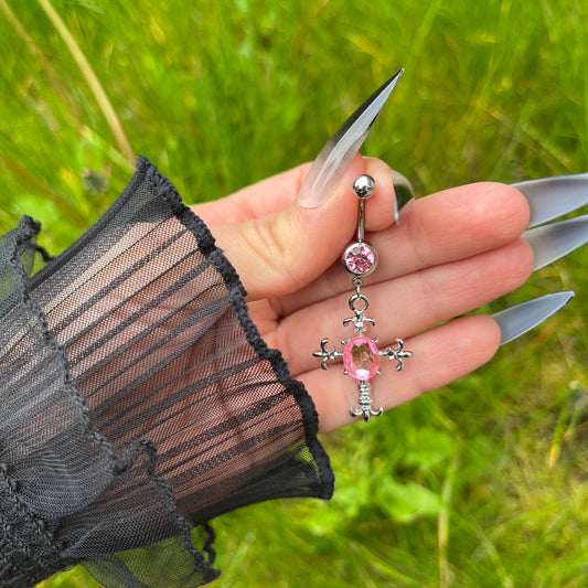 Pink Cross Belly Button Ring: Stainless Steel Dangle Navel Piercing
