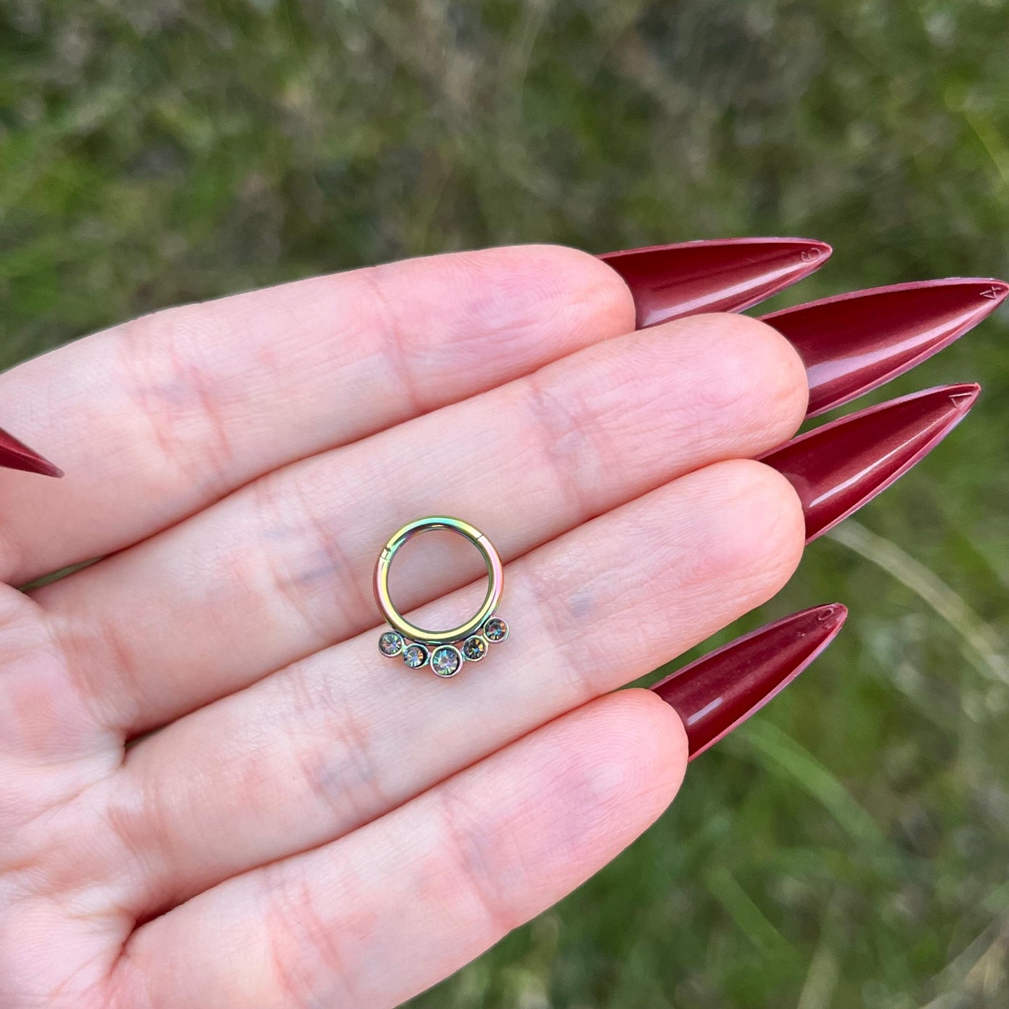 Crystal Septum Clicker: 16G Hinged Nose Ring, Metallic Green