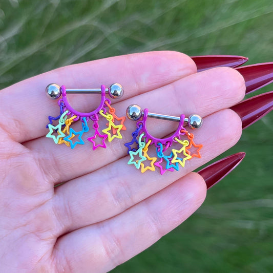 Star Dangle Nipple Barbells:  Stainless Steel Girly Piercing Jewelry