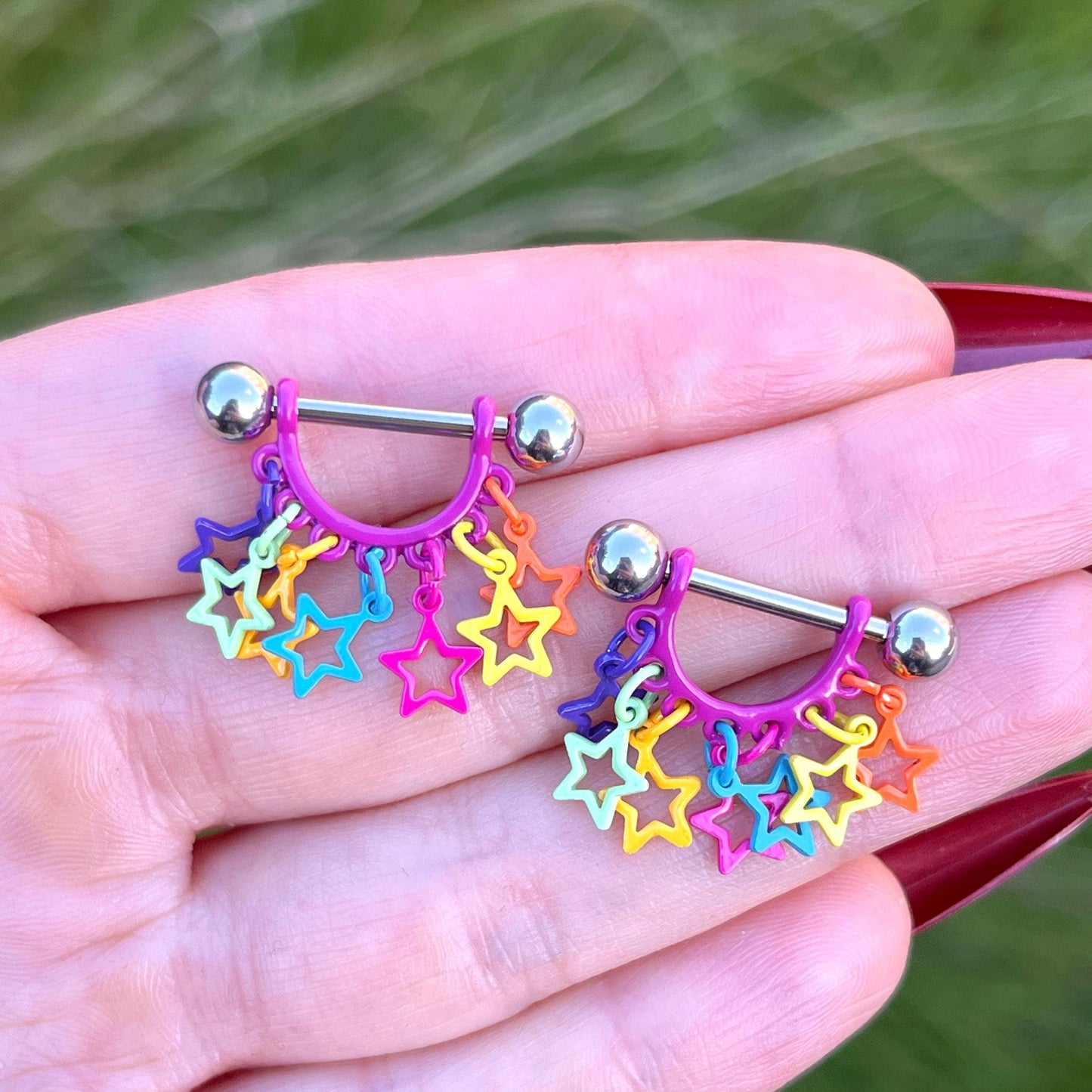 Star Dangle Nipple Barbells:  Stainless Steel Girly Piercing Jewelry