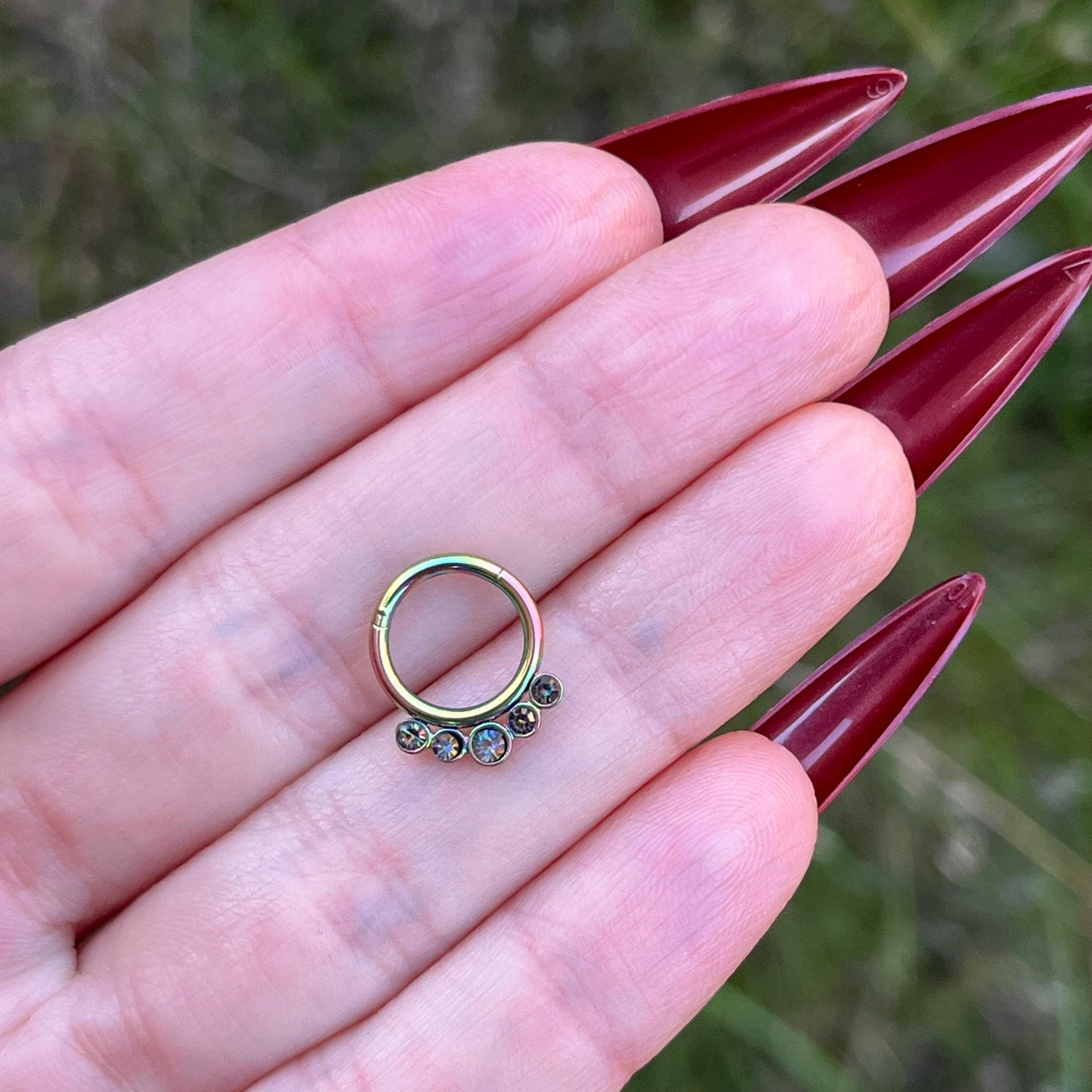 Crystal Septum Clicker: 16G Hinged Nose Ring, Metallic Green