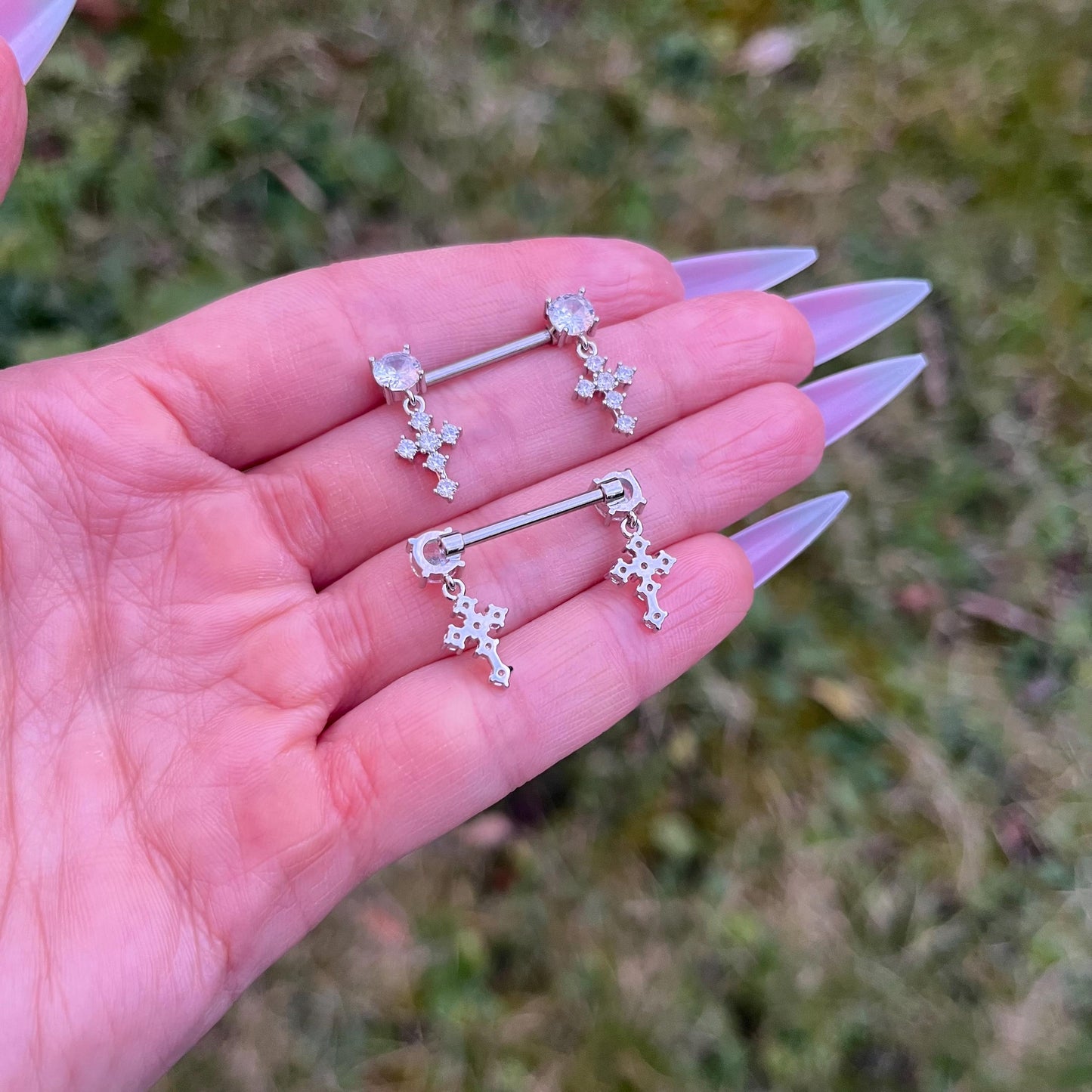 Crystal Cross Nipple Barbells: Surgical Steel Piercing Jewellery, 14G