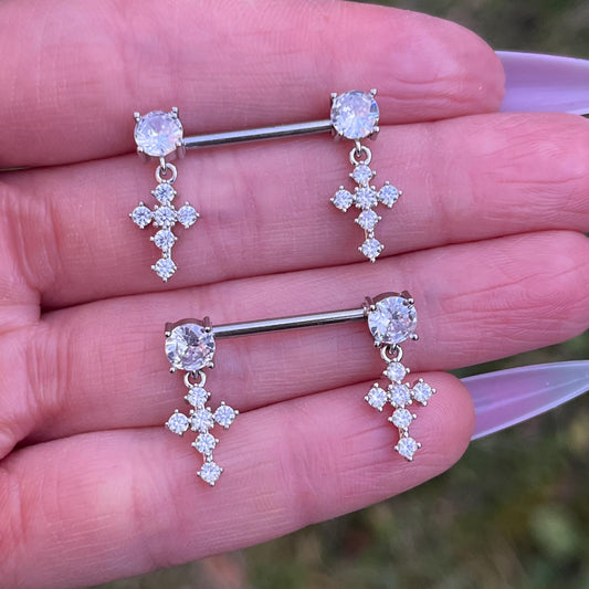 Crystal Cross Nipple Barbells: Surgical Steel Piercing Jewellery, 14G