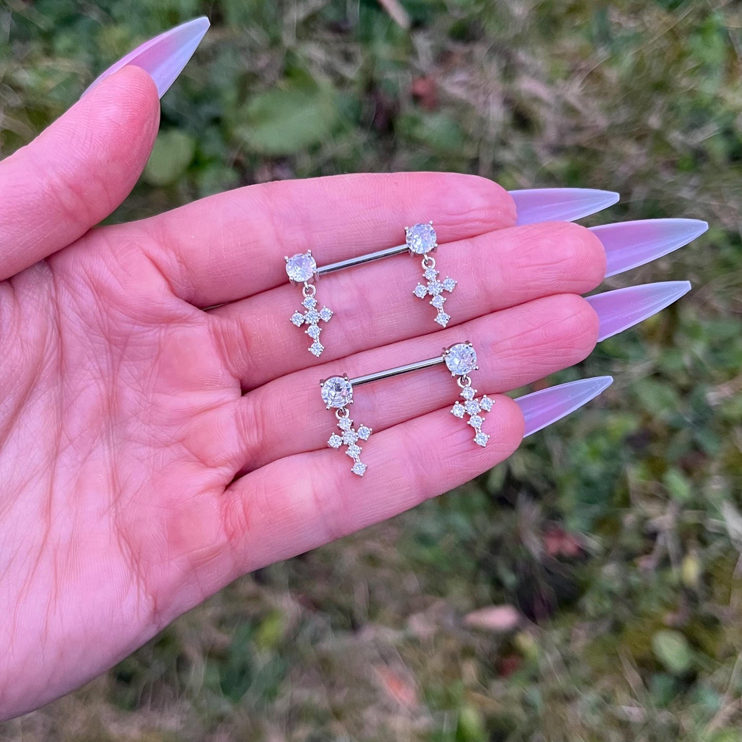Crystal Cross Nipple Barbells: Surgical Steel Piercing Jewellery, 14G