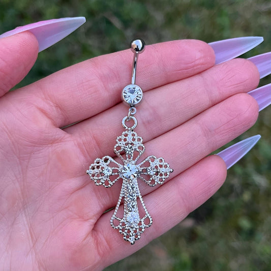 Large Cross Dangle Belly Button Ring: Gothic Navel Piercing