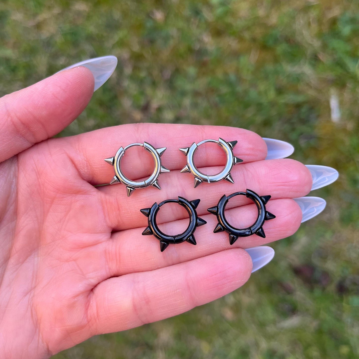 Spiky Stainless Steel Hoop Earrings: Gothic Jewellery, Black/Silver