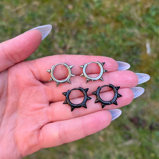 Spiky Stainless Steel Hoop Earrings: Gothic Jewellery, Black/Silver