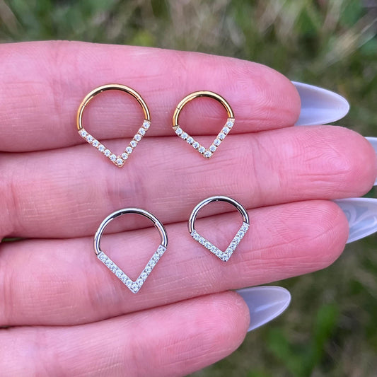 Crystal Septum Clicker: 16G Hinged Stainless Steel Nose Ring 8mm/10mm