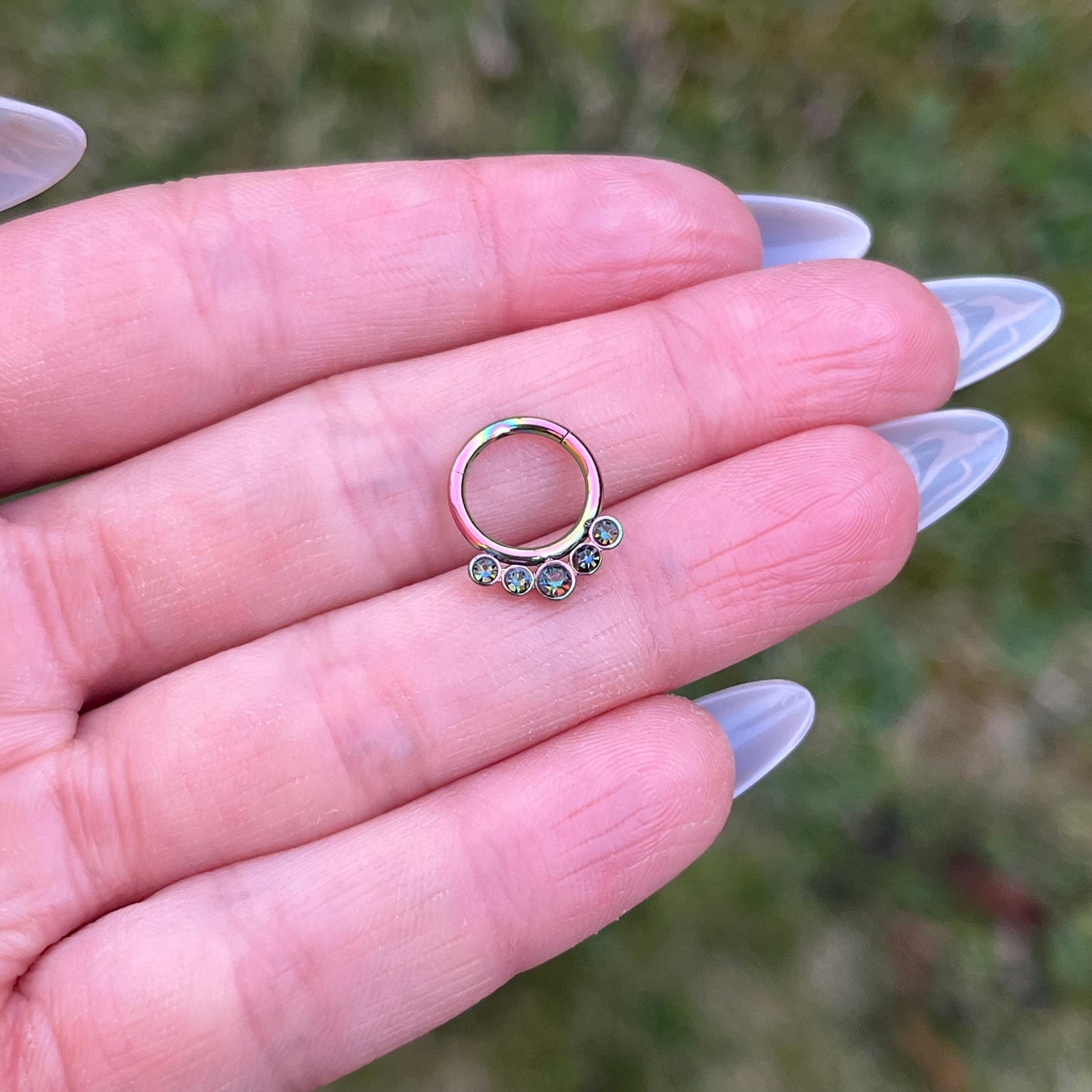 Crystal Septum Clicker: 16G Hinged Nose Ring, Metallic Green