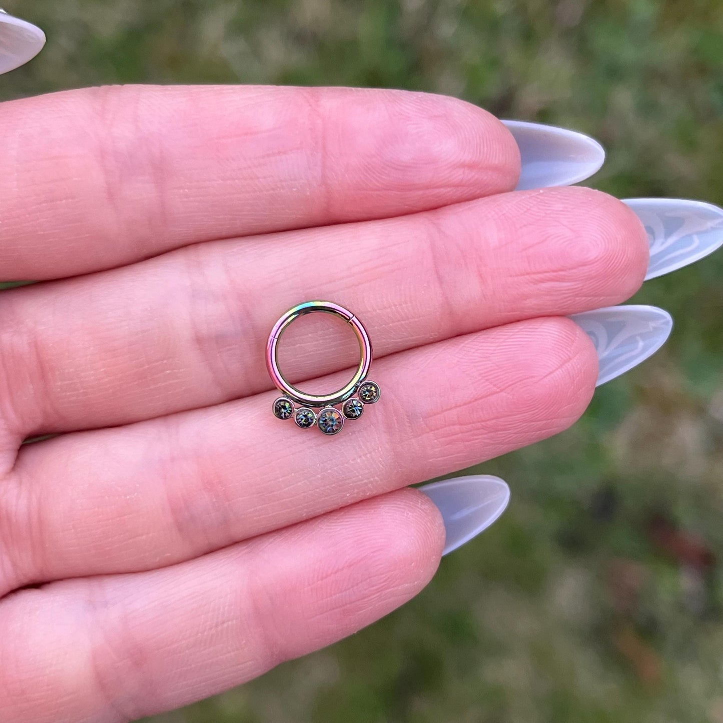 Crystal Septum Clicker: 16G Hinged Nose Ring, Metallic Green