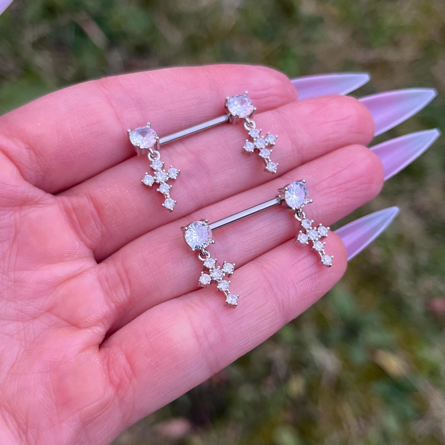 Crystal Cross Nipple Barbells: Surgical Steel Piercing Jewellery, 14G