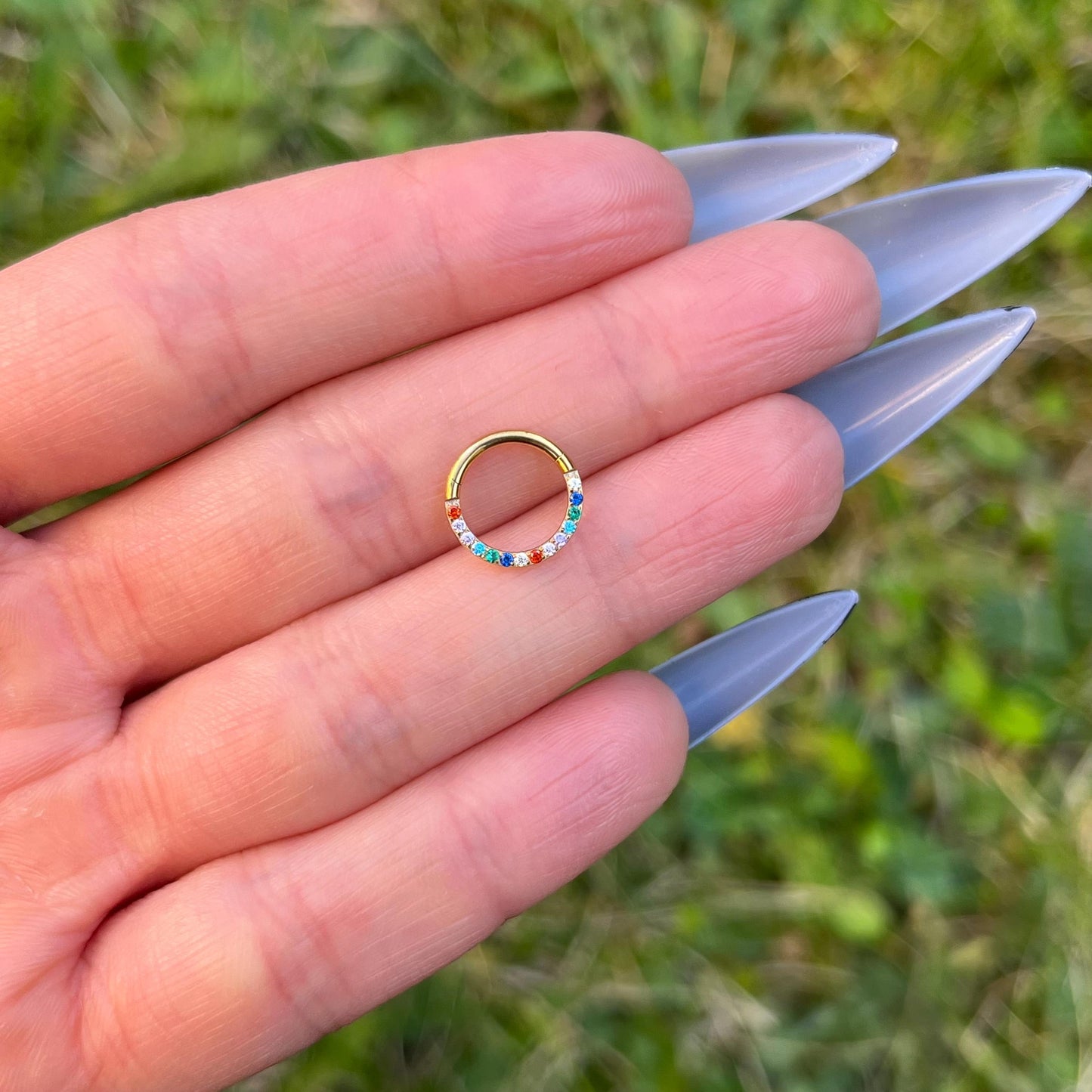 Multi Colour Crystal Septum Ring: Titanium Hinged Clicker, 16G 8mm/10mm