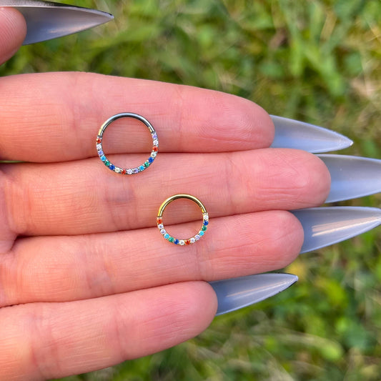 Multi Colour Crystal Septum Ring: Titanium Hinged Clicker, 16G 8mm/10mm