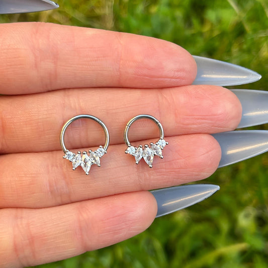 Crystal Gem Septum Clicker: Silver Hinged Nose Ring, 16G 8mm/10mm