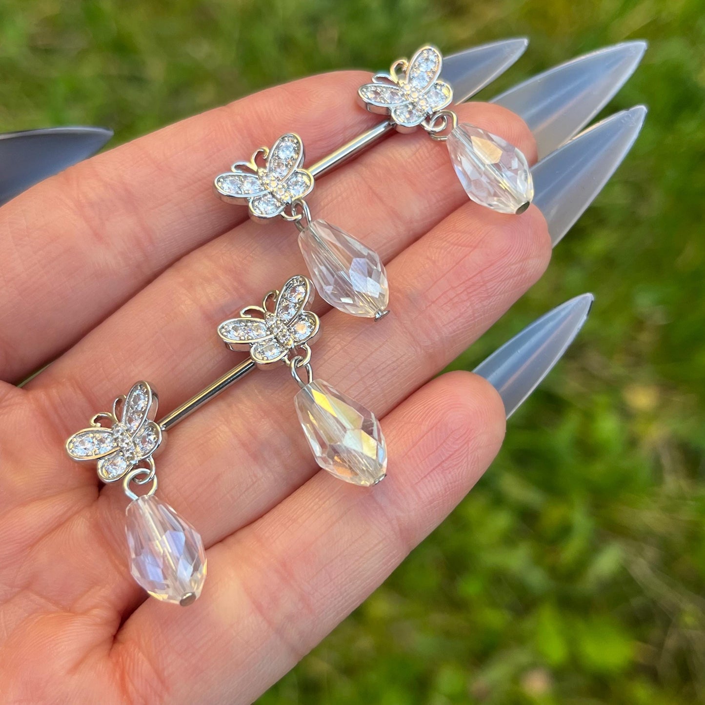 Butterfly Nipple Barbells: Crystal Gems Dangle, Stainles Steel 14G