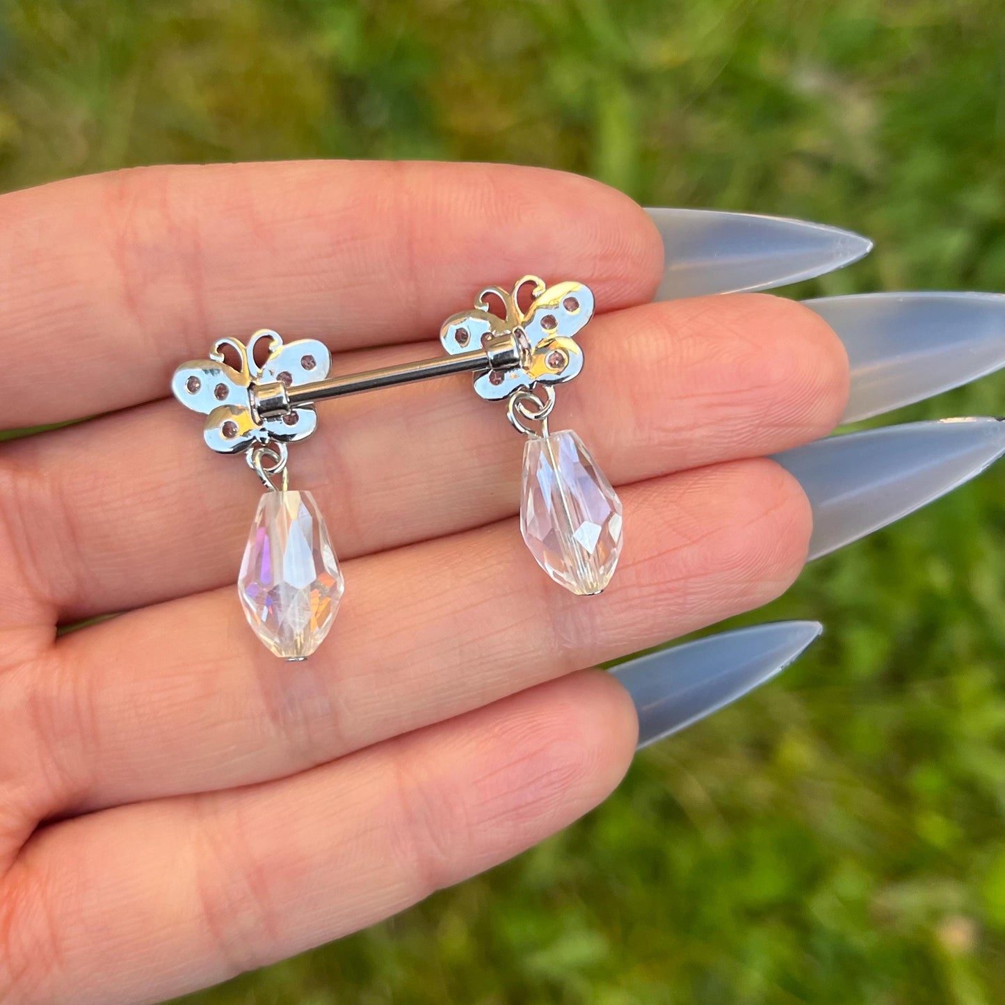 Butterfly Nipple Barbells: Crystal Gems Dangle, Stainles Steel 14G