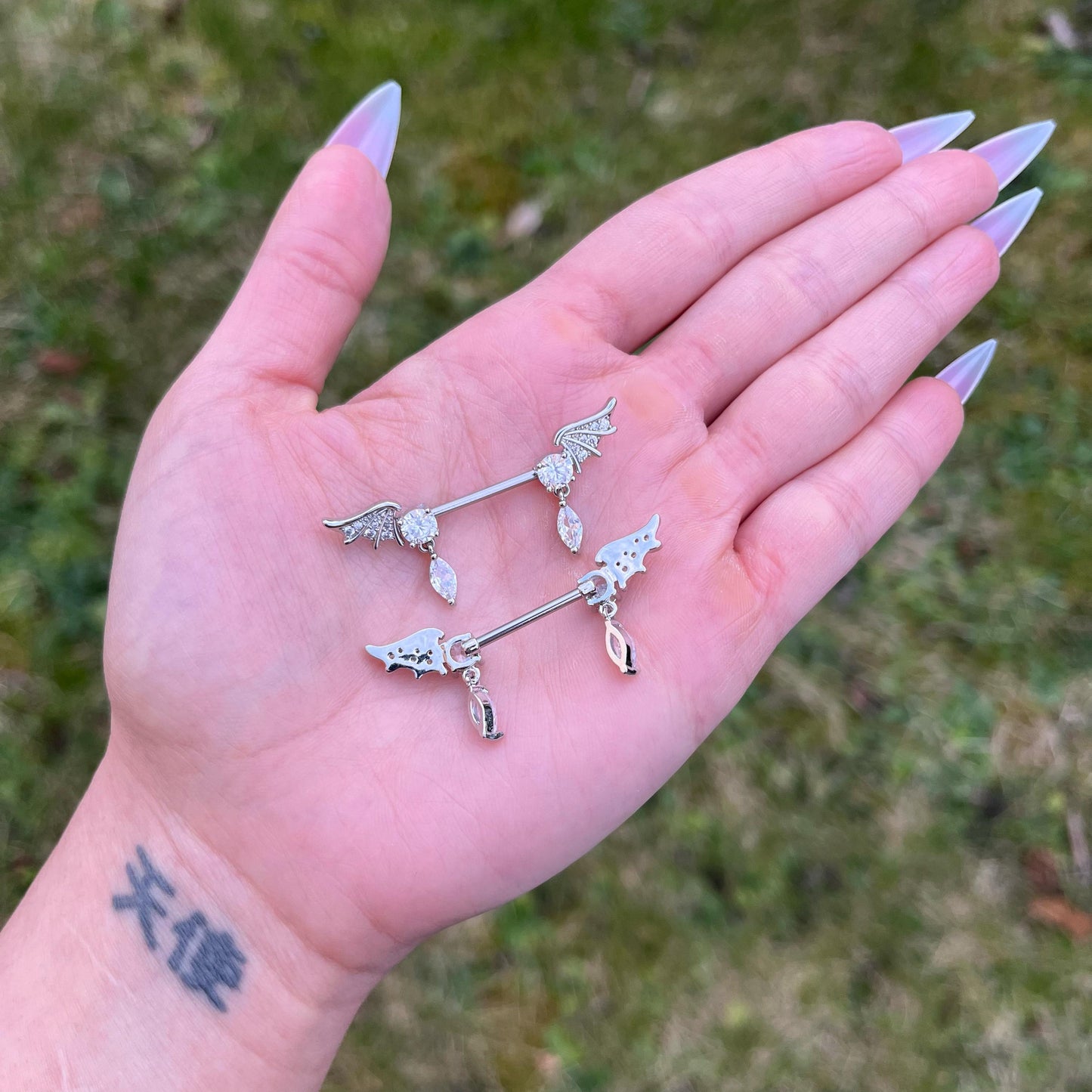 Crystal Wing Nipple Barbells: Stainless Steel Body Piercing Jewellery, 14G 16mm