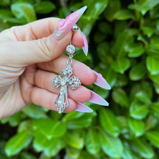 Large Cross Dangle Belly Button Ring: Gothic Navel Piercing
