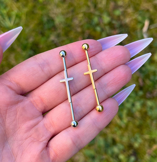 Cross Industrial Barbell Piercing: Stainless Steel Ear Jewellery, 14G 34mm/36mm/38mm